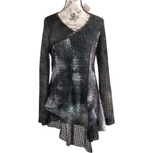 Y2K Adore Grey Asymmetrical Patchwork Mesh Knit Tie Dye Tunic Artsy Medium